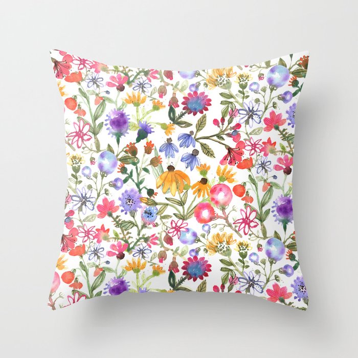 Colorful Watercolor Flowers Throw Pillow