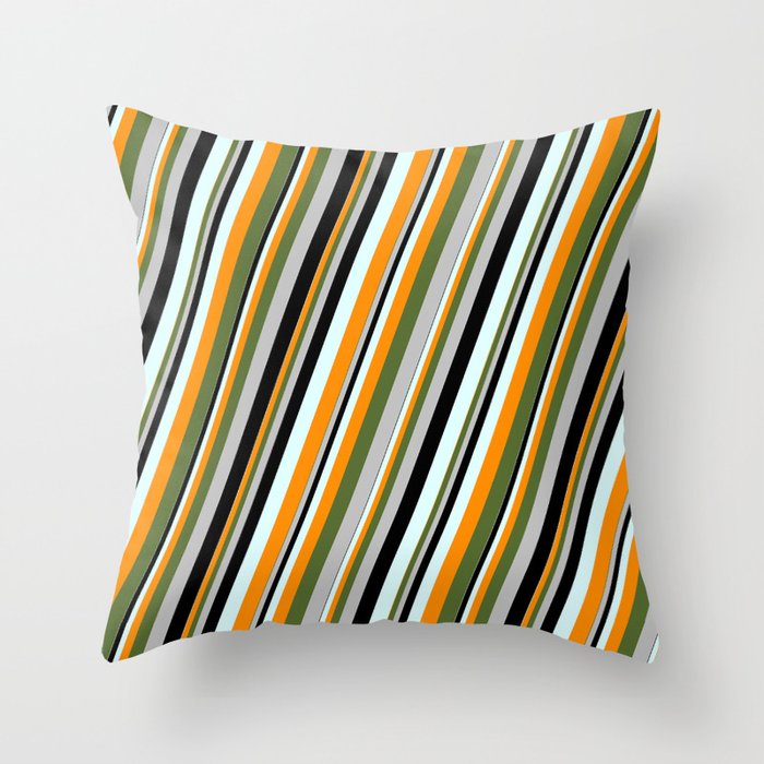 Light Cyan, Dark Orange, Dark Olive Green, Grey, and Black Colored Striped Pattern Throw Pillow