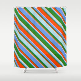 [ Thumbnail: Cornflower Blue, Forest Green, Red, and Powder Blue Colored Lines Pattern Shower Curtain ]