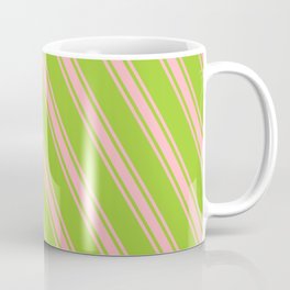 [ Thumbnail: Green & Light Pink Colored Lined/Striped Pattern Coffee Mug ]