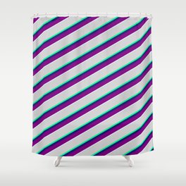 [ Thumbnail: Vibrant Light Gray, Green, Midnight Blue, Purple & Light Cyan Colored Striped/Lined Pattern Shower Curtain ]