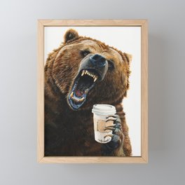 " Grizzly Mornings " give that bear some coffee Framed Mini Art Print