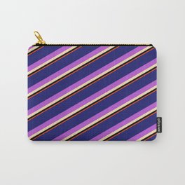 [ Thumbnail: Vibrant Midnight Blue, Orchid, Beige, Black, and Red Colored Striped/Lined Pattern Carry-All Pouch ]