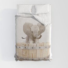 Baby Elephant in a Wooden Bathtub, Elephant Taking a Bath, Bathtub Animal Art Print By Synplus Duvet Cover