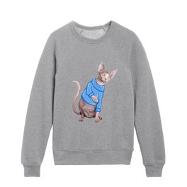 Cute Sphynx Cat with Blue Knit Sweater  Kids Crewneck