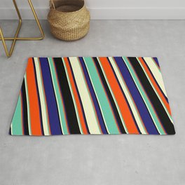 [ Thumbnail: Red, Aquamarine, Light Yellow, Black & Midnight Blue Colored Lines/Stripes Pattern Rug ]