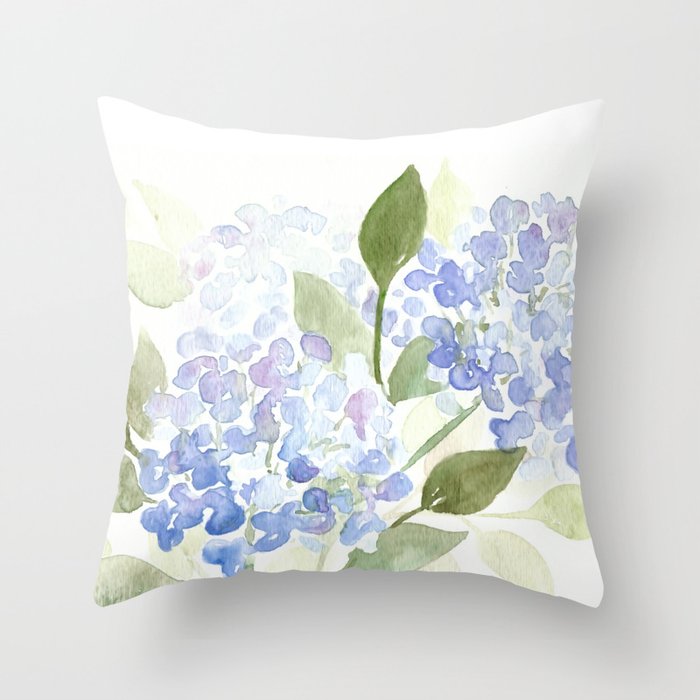 Blue Hydrangeas - Watercolor Flowers Throw Pillow