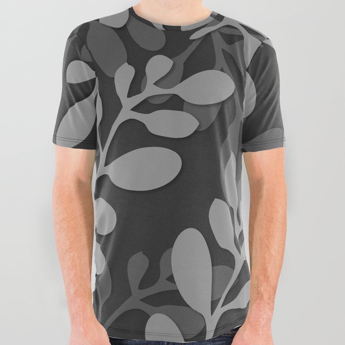 Grey Color Leaf Pattern Design  All Over Graphic Tee