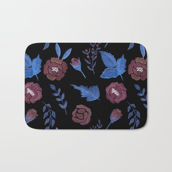 Watercolor floral red roses print on black Bath Mat