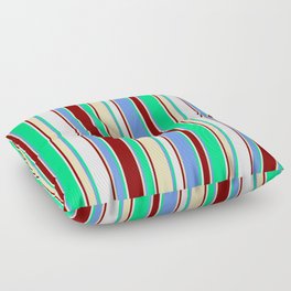 [ Thumbnail: Vibrant Green, Cornflower Blue, Tan, Maroon, and White Colored Lines Pattern Floor Pillow ]