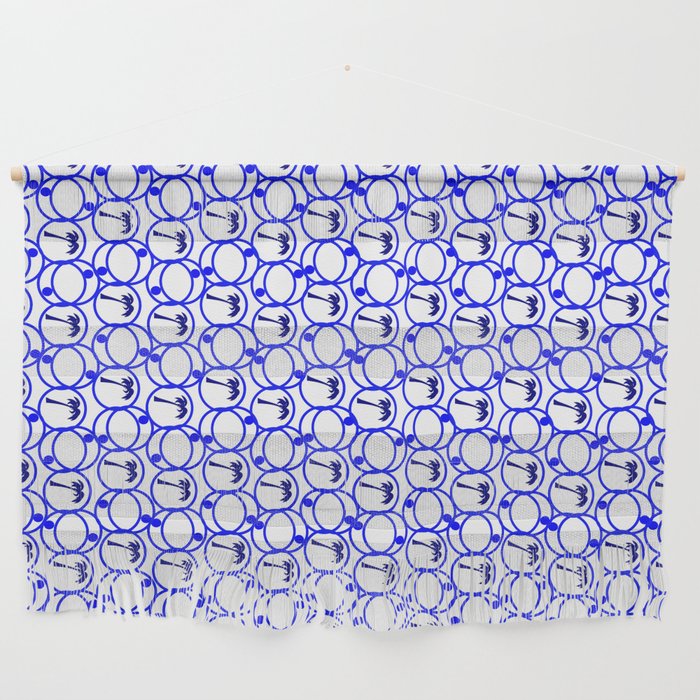 Blue and White Geometric Pattern With Palm Trees Wall Hanging