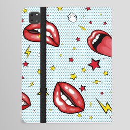 Seamless pattern cartoon comic super speech bubble labels with text, sexy open red lips with teeth, retro pop art illustration, halftone dot vintage effect background iPad Folio Case