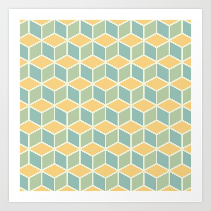 Geometric Cube Pattern 126 Blue Yellow and Gray Art Print