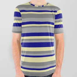 [ Thumbnail: Dark Gray, Blue, Pale Goldenrod, and Gray Colored Striped Pattern All Over Graphic Tee ]