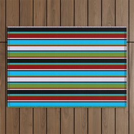 [ Thumbnail: Eyecatching Deep Sky Blue, Green, Dark Red, Lavender, and Black Colored Lines/Stripes Pattern Outdoor Rug ]