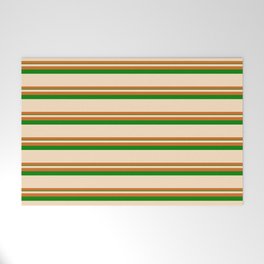 [ Thumbnail: Bisque, Chocolate, and Green Colored Striped Pattern Welcome Mat ]