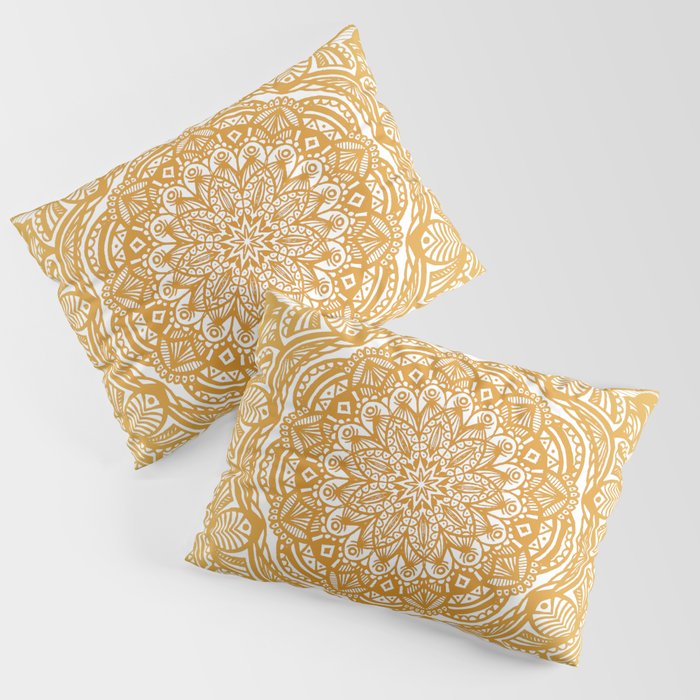Golden Mustard Yellow Orange Ethnic Mandala Detailed Pillow Sham