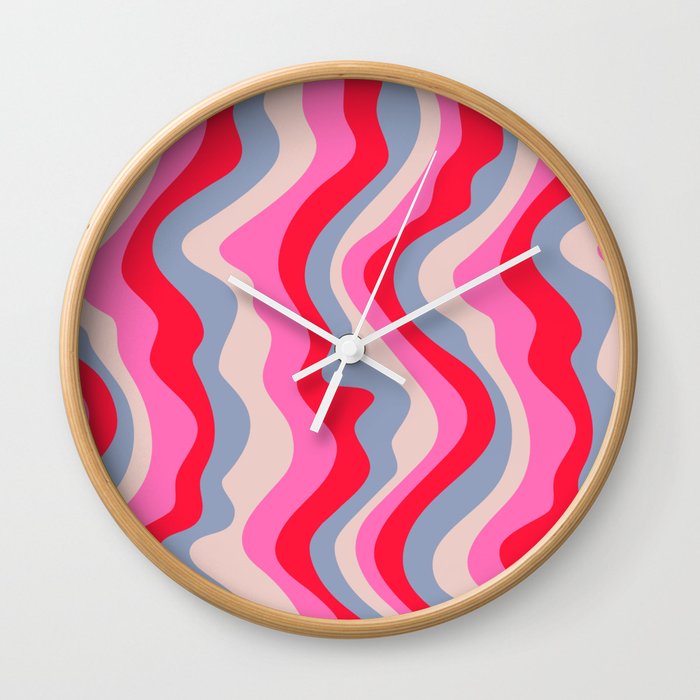 GOOD VIBRATIONS GROOVY MOD RETRO WAVY STRIPES in FUCHSIA PINK RED LAVENDER Wall Clock