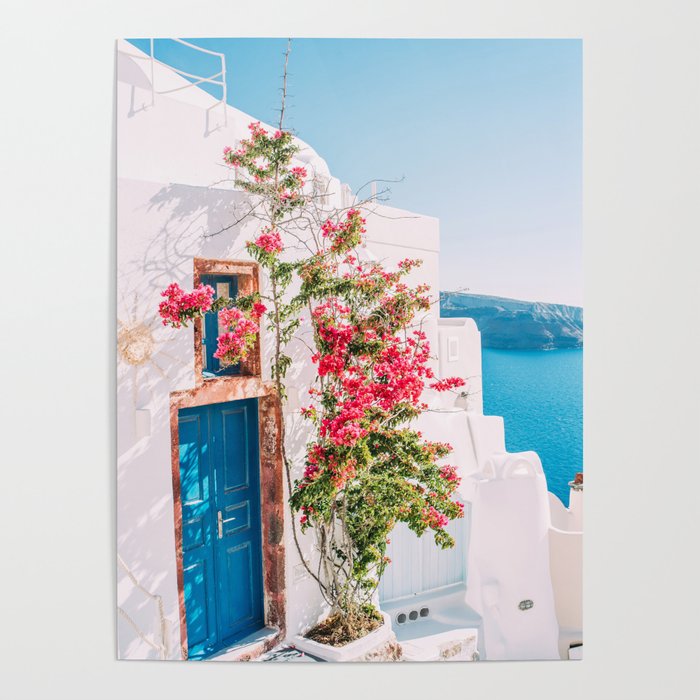 Blue Door in Santorini - Greece Travel Photography - Summer Island Poster