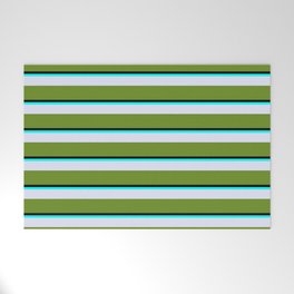 [ Thumbnail: Black, Aqua, Lavender & Green Colored Stripes Pattern Welcome Mat ]