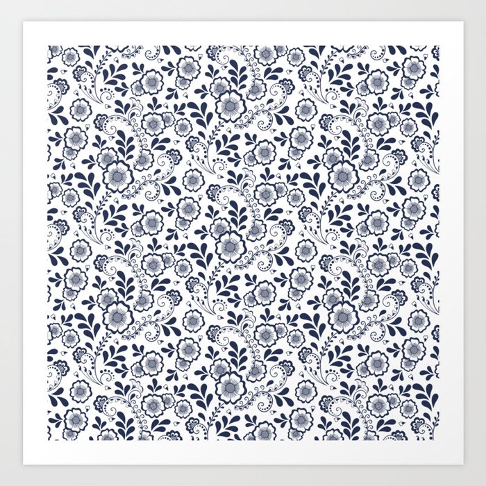 Navy Blue Eastern Floral Pattern Art Print