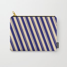 [ Thumbnail: Midnight Blue & Tan Colored Lined Pattern Carry-All Pouch ]