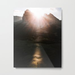 Aerial of a Lone Tree at the Alpe di Siusi Dolomites - Landscape Photography Metal Print | Magic, Light, Pine, Mountains, Dolomites, Beam, Sky, Sunrise, Alone, Italy 