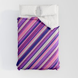[ Thumbnail: Eye-catching Purple, Dark Orchid, Blue, Hot Pink & Light Grey Colored Lined Pattern Comforter ]