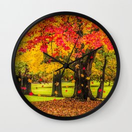 Autumn City Park Scene Wall Clock | Autumn, Citypark, Digital, Michiganlandscape, Fall, Colorfulfoliage, Season, Forest, Fallingleaves, Colorfulscenic 