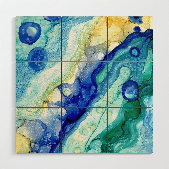 Blue Green Yellow bubble Alcohol Ink Abstract by Herzart Wood Wall Art