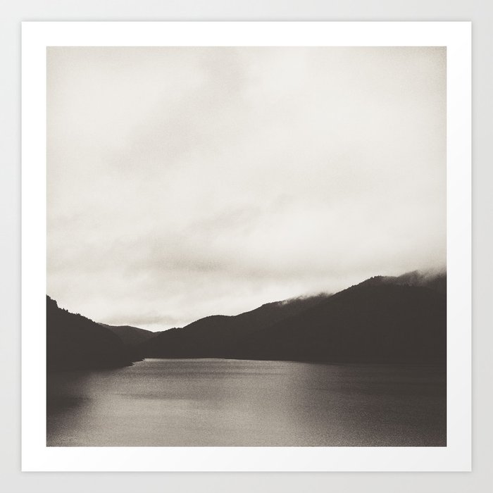 The Waters And The Wild // Sepia Vintage Retro Wilderness Mountain Lake With Cascadia Trees Covered In Magic Fog Season Art Print