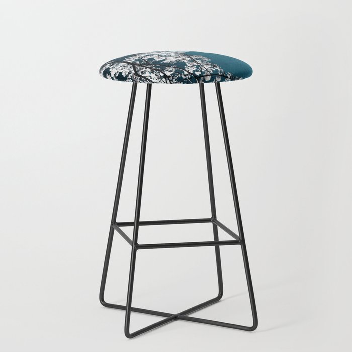 White Blossoms Tree Print - Flowers in Teal - Elegant Floral -  Japanese Nature photography Bar Stool