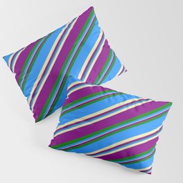 [ Thumbnail: Blue, Pale Goldenrod, Purple & Green Colored Lined/Striped Pattern Pillow Sham ]