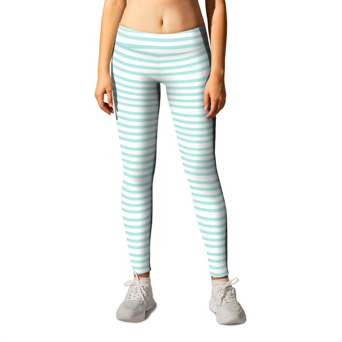 Aqua blue and White stripes lines - horizontal Leggings by Art by  Simplicity of life