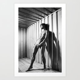 Man Naked posing in dirty industrial container Art Print