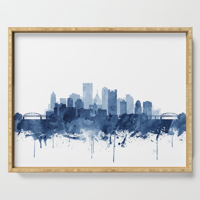 Pittsburgh Skyline Watercolor Blue Art Print by Synplus Serving Tray