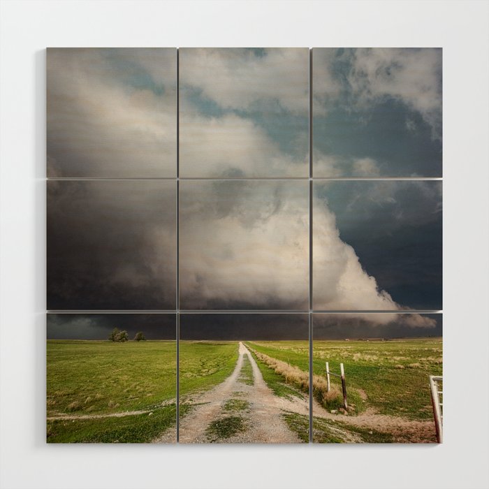 Low Clearance - Country Road Leads to Ground Scraping Storm Cloud on Spring Day in Oklahoma Wood Wall Art