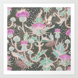 Thistle, moth, butterfly, caterpillar floral garden artwork pattern Art Print