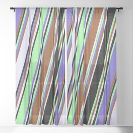 [ Thumbnail: Eyecatching Slate Blue, Brown, Lavender, Black & Green Colored Stripes Pattern Sheer Curtain ]