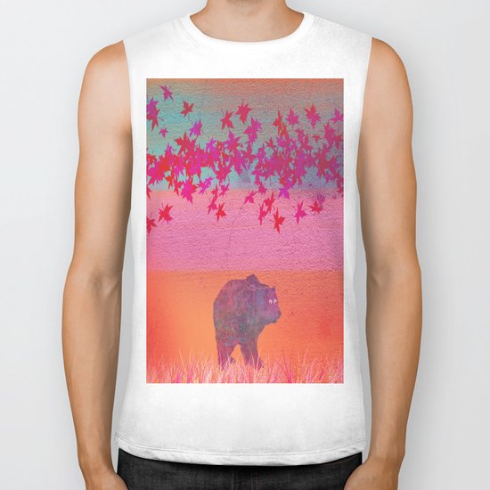 Little bear in the colorful field, leaf, colors, pink, blue, field, grass, bear Biker Tank