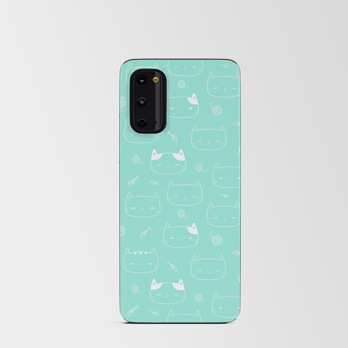 Seafoam and White Doodle Kitten Faces Pattern Android Card Case