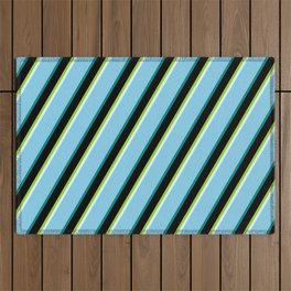 [ Thumbnail: Eye-catching Green, Light Cyan, Sky Blue, Teal & Black Colored Stripes/Lines Pattern Outdoor Rug ]