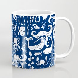 Under The Sea Navy Blue Coffee Mug | Navy, Nauticalprint, Nauticaltheme, Nauticalpattern, Fish, Anchor, Coastal, Nauticaldesign, Curated, Graphicdesign 