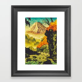 Expecting Summer - Mountain behind the River - Nature Landscape in Green & Orange Framed Art Print