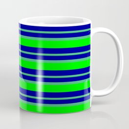 [ Thumbnail: Dark Blue, Sea Green & Lime Colored Lined/Striped Pattern Coffee Mug ]
