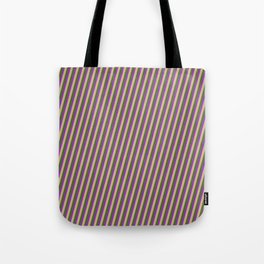 [ Thumbnail: Dark Orchid, Tan & Dark Olive Green Colored Lined Pattern Tote Bag ]