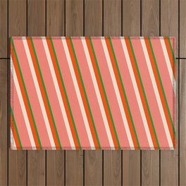 [ Thumbnail: Forest Green, Red, Beige, and Salmon Colored Lined/Striped Pattern Outdoor Rug ]