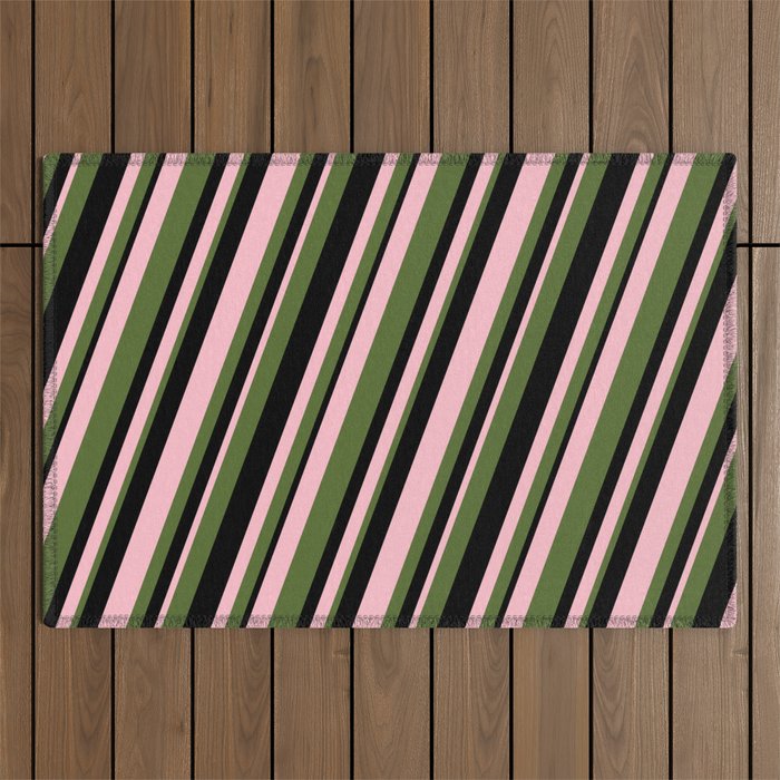 Pink, Dark Olive Green & Black Colored Stripes Pattern Outdoor Rug