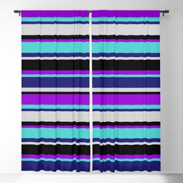 [ Thumbnail: Colorful Dark Violet, Turquoise, Midnight Blue, Light Gray & Black Colored Striped/Lined Pattern Blackout Curtain ]