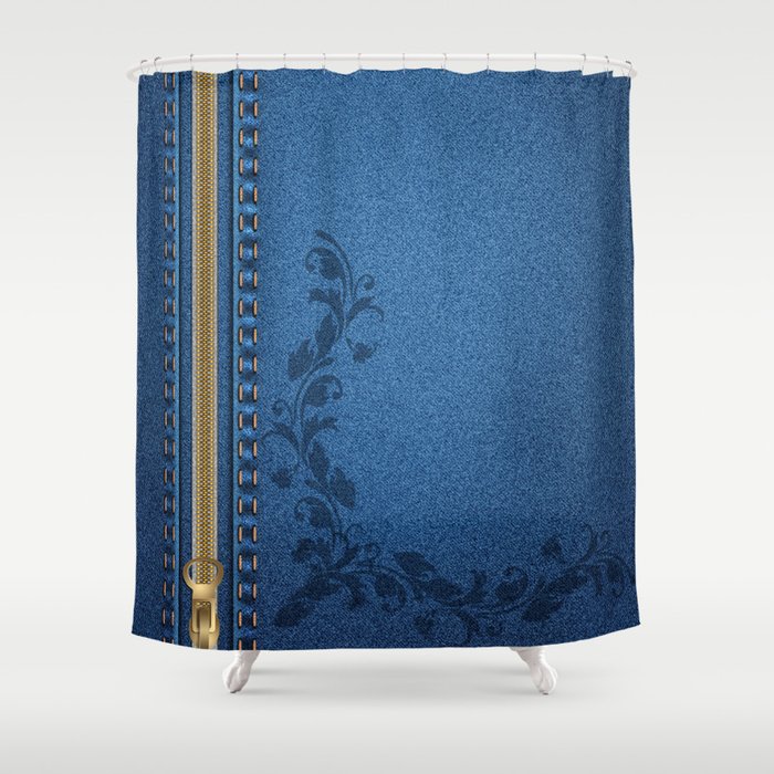 Blue Denim Floral Zipper Modern Collection Shower Curtain